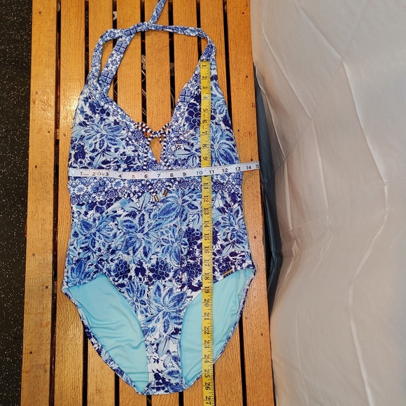 Azura Blue & White Floral Plunging Neckline Halter One-Piece Swimsuit Size 8 - Picture 13 of 13